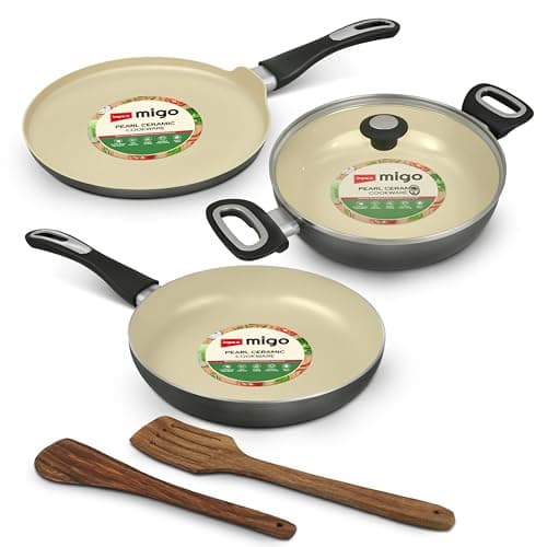Impex Ceramic Cookware Set | 6 Pc Induction Base Non Stick | Kadai Pan With Lid, Fry Pan, Tawa Pan and 2 Spatulas | Free From PTFE, PFOA and Heavy Metals| 100% Non Toxic | 2 Year Warranty, Grey