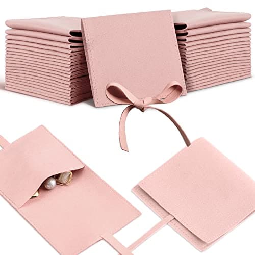 Lothee 40 Pcs Microfiber Jewelry Pouch 8x8 cm Jewelry Packaging Luxury Small Gift Bags Bow Tie Microfiber Bag for Bracelet Necklace Packaging,Envelope Style with String and Divider(Pink)