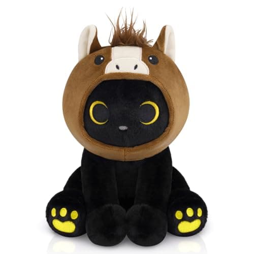 KOPHINYE Horse Cat Plush 8 Black Cat Stuffed Aniaml with Removable Brown Horse Hood Cute Stuffed Animal Kawaii Soft Plush Toy for Kids Girls Boys Birthday Gift Room Decor