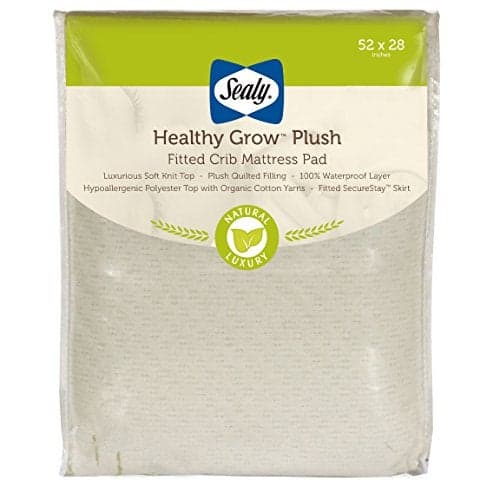 Sealy Baby Healthy Grow Plush Fitted Waterproof Infant Crib Mattress Protector Pad and Toddler Bed Cover, Organic Cotton and PolyBlend Top, Machine Washable and Dryer Friendly, 52” x 28”- White
