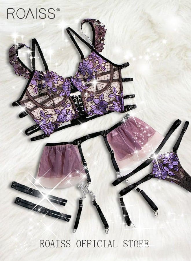 Lace Sheer and Underwear Set for Women with Multiple Adjustable Strap and Chain Decor Ladies Lingerie Splicing Suit with Floral Embroidery Texture