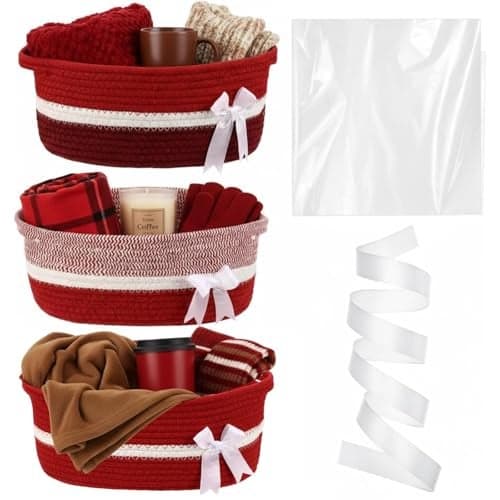 Colingmill 3 Pack Graduation Small Bow Woven Basket Empty with Handles Gift Bags and Ribbon 12" x 8" x 5" Gift Baskets to Fill Storage Box Pet Toy Wedding Presents(Red)