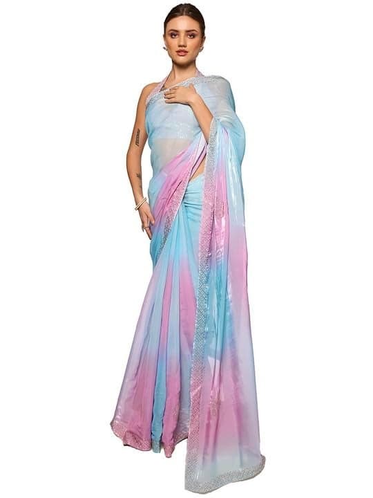 ORHANS Women's Organza Fix Diamond Lace Work Two Tone Lightweight Saree With Art Silk Matching Unstitched Blouse Piece