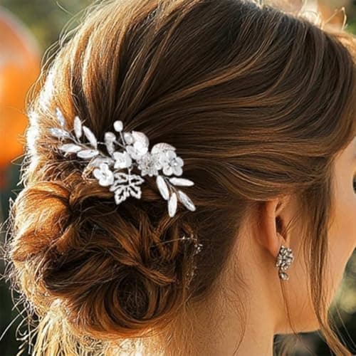 EASEDAILY Flower Bridal Hair Pins Silver Crystal Wedding Hair Pieces Leaf Hair Accessories for Brides and Women