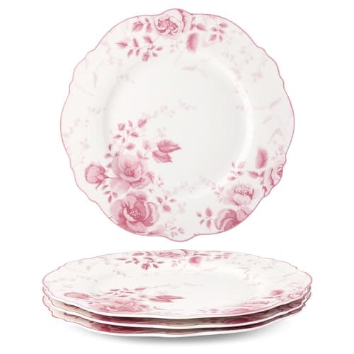 fanquare Pink Floral Dinner Plate Sets of 4, 10.5 Inch Large Round Porcelain Pasta Appetizer Steak Serving Dishes for Microwave & Dishwasher Safe
