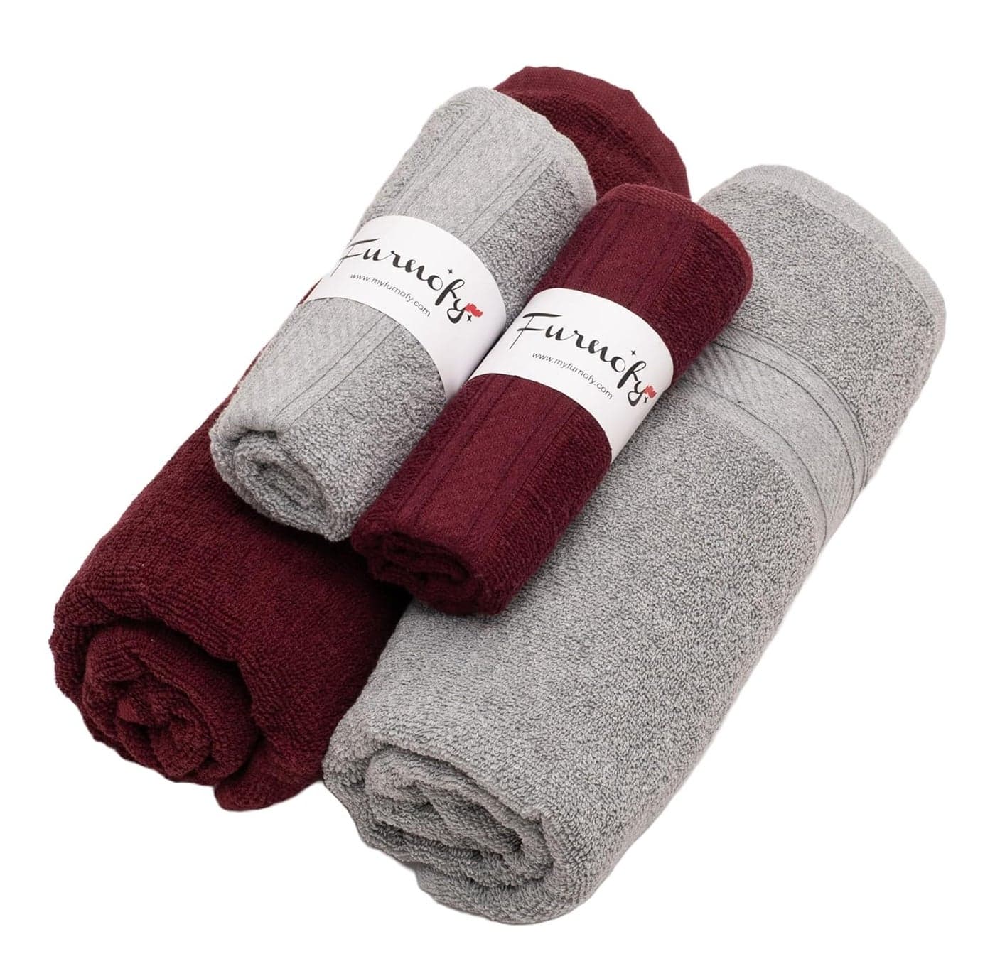 Furnofy 450 GSM Cotton Towel Set of 4 2 Bath 70x140 cm 2 Hand 40x60 cm Highly Absorbent and Soft Bathroom Towels Pack of 4 Maroon Grey