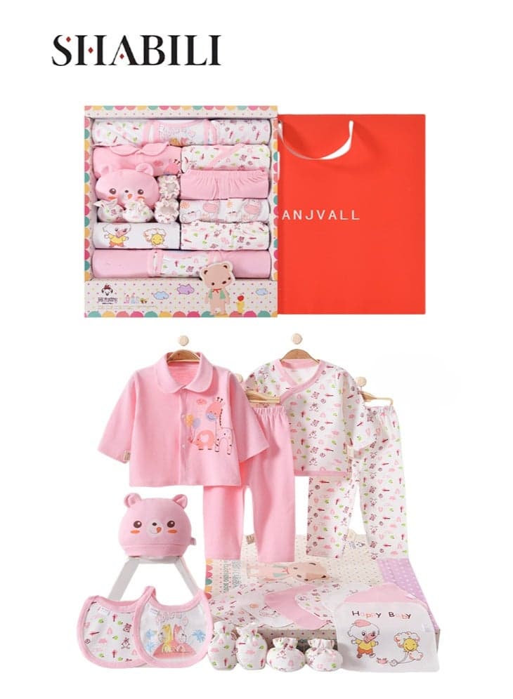 18Pcs Newborn Baby Unisex Layette Gift Set 100% Cotton Soft Breathable Easy Care Pink White Tops Pants Bib Towels Hat Mittens Booties Ideal Baby Shower Coming Home Daily Use Gift Essentials Cute