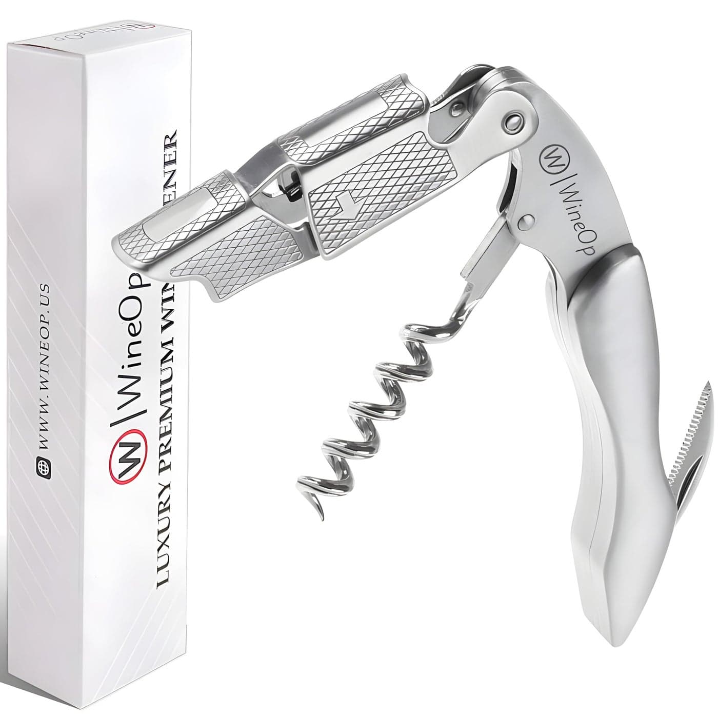 WineOp Professional Wine Opener Luxury Double Hinged Waiters Corkscrew Wine Bottle Key Cork screwer for Servers Bartenders Sommelier and Home Use AllInOne Stainless Steel Silver Handle