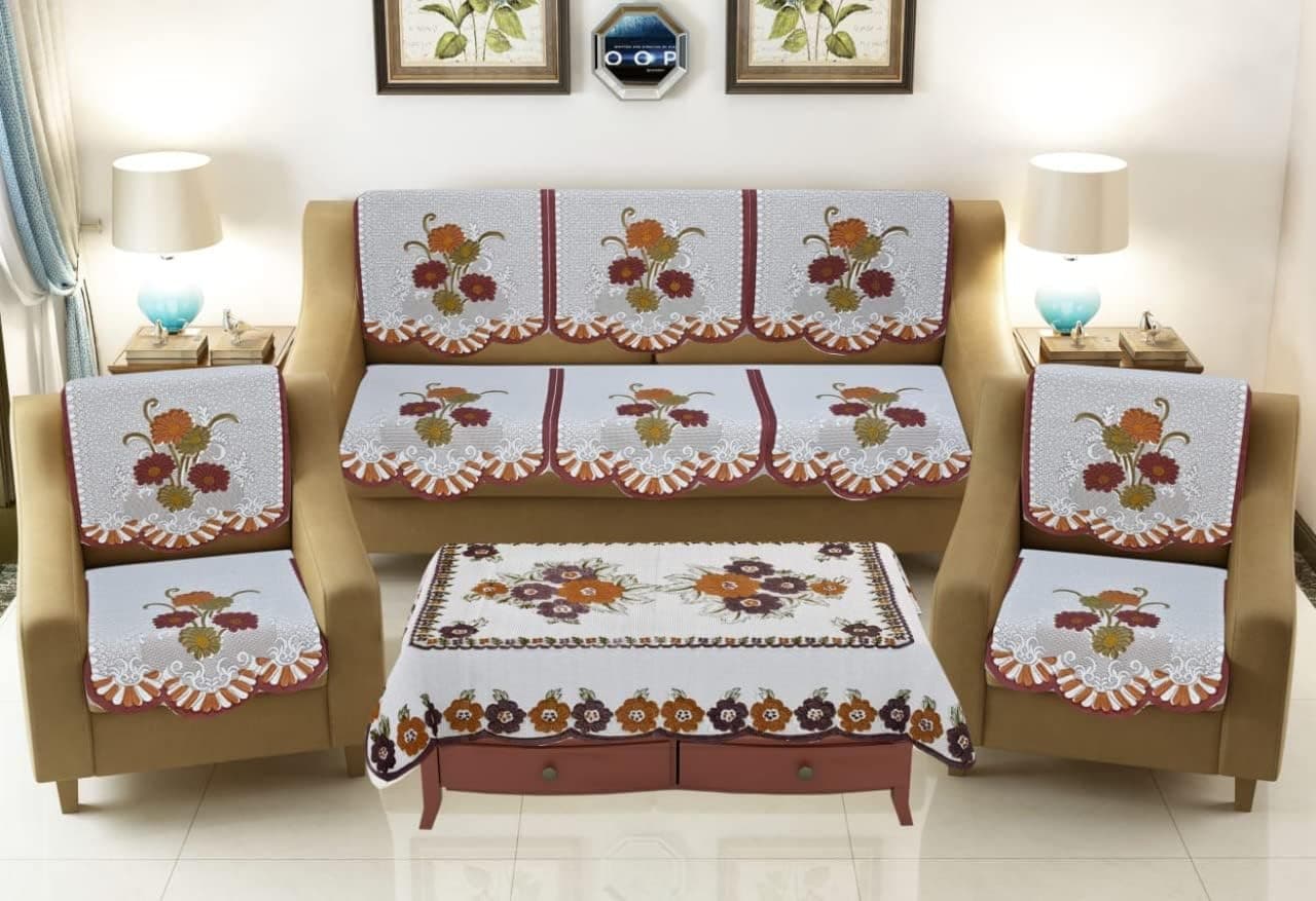 Ultica Fab® Sofa Cover with Table Cover 3 Seater and 2 Seater, 5 Seater Cotton Net Panels for Home Office Living Room Sofa Couch, 3+2 Slip Cover for Furniture Protector (Brown Flower)