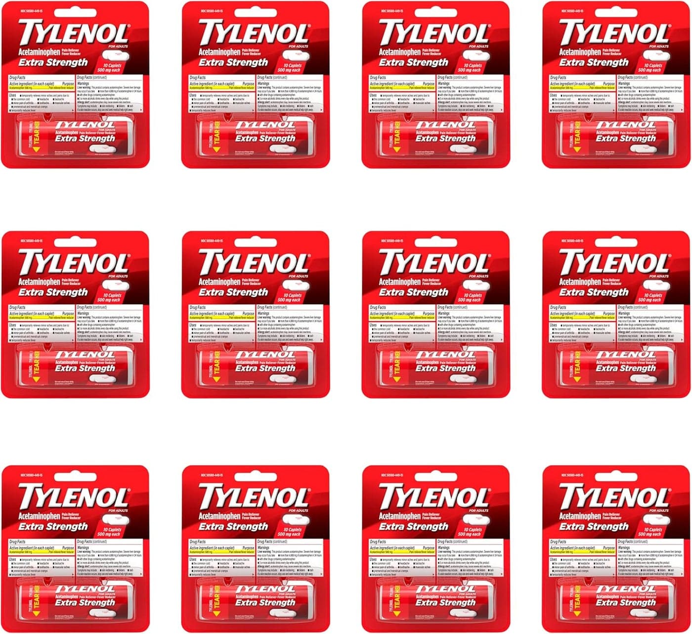 Tylenol Extra Strength Caplets with 500 mg Acetaminophen Pain Reliever Fever Reducer 10 ct Pack of 12