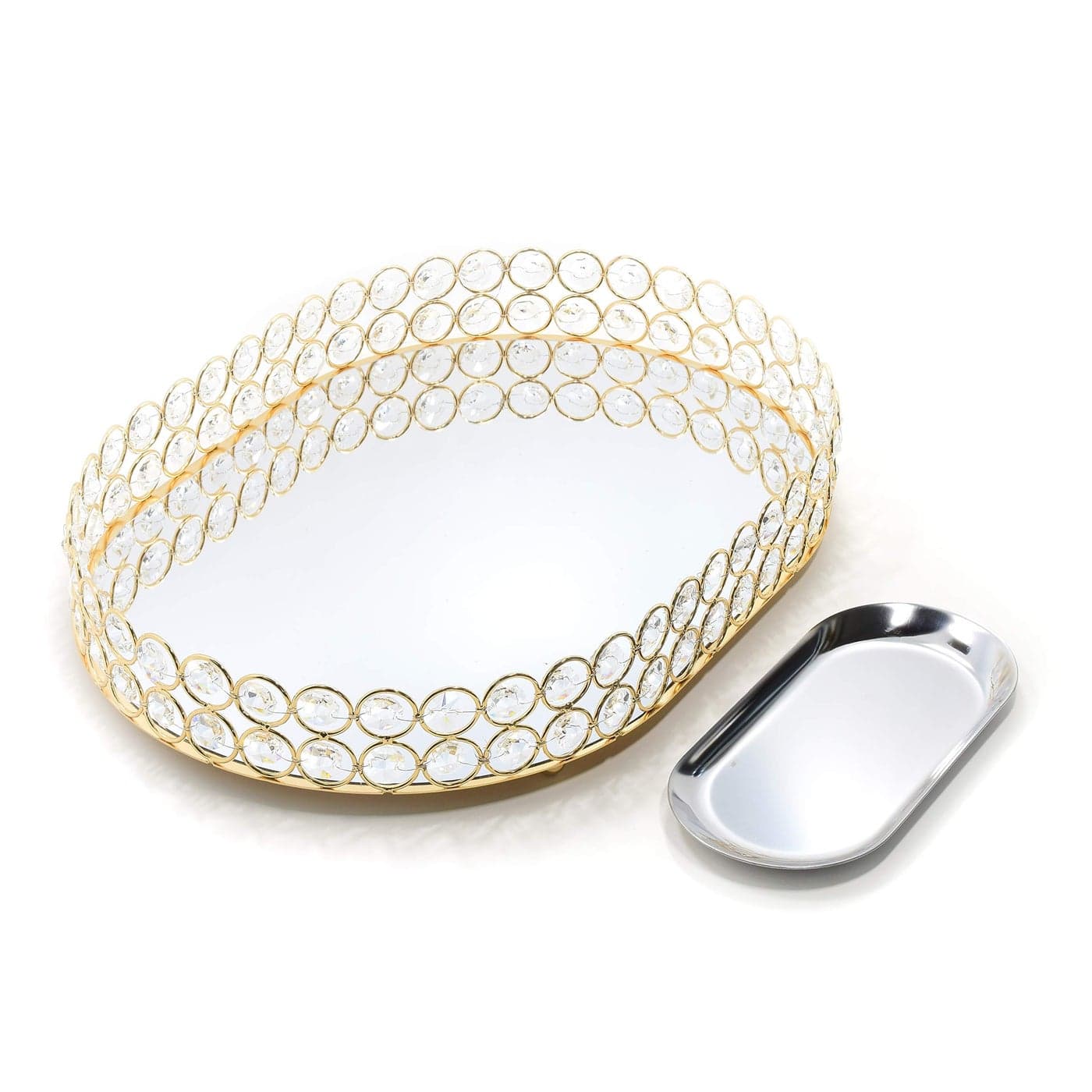 LINDLEMANN Crystal Vanity Tray Decorative Mirrored Dresser Perfume Trays for Makeup Cosmetic Storage Jewelry Trinket Storage Organizer for Bathroom Countertop Home Dcor Oval 14x10in Gold
