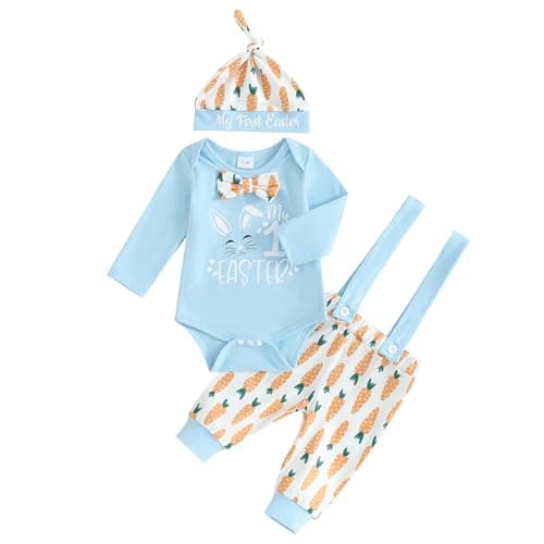 Infant Baby Boy Easter Outfit Bunny Letter Long Sleeve Romper Suspender Pants Set My First Easter Baby Boy Outfit (B-Blue,3-6 Months)