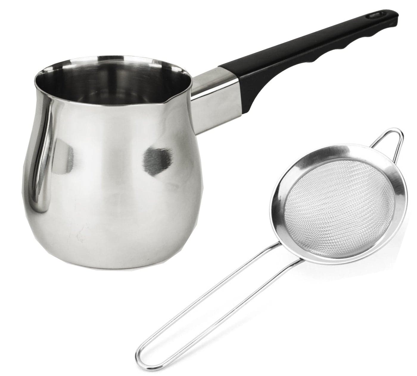 14oz Chai teapot and strainer combo. Turkish coffee pot and fine mesh strainer together for making perfect Prana Chai at home