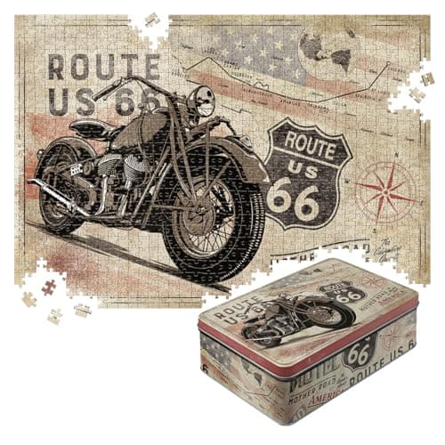 NostalgicArt Retro Puzzle 1000 Pieces 189 x 268 Route 66 Bike Map Gift idea for Route 66 Fans for Adults Packed in a tin Box