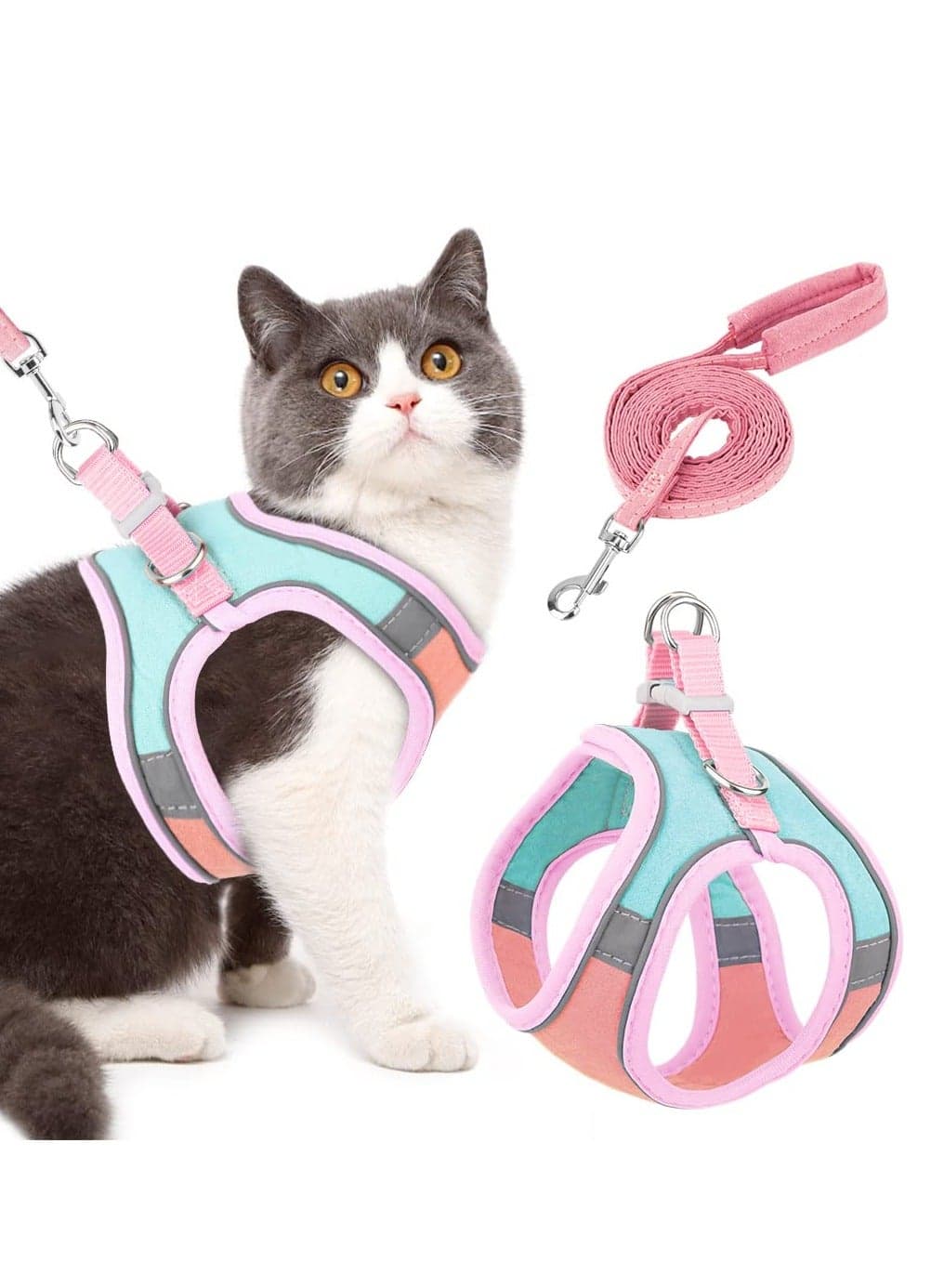Escape Proof Cat Harness and Lead Set for Walking Adjustable Soft Sturdy Faux Suede Kitten Vest Harness and leash with Reflective Strip for Medium and Small Cats (M)
