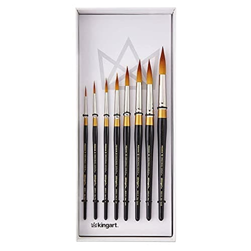 KINGART 1000C 8 PC. Premium Original Gold 9020 Series Golden Taklon Ultra Round Multimedia Artist Brush Set, Short Handle, Set of 8 - Sizes: 2,4,6,8,10,12,14,16