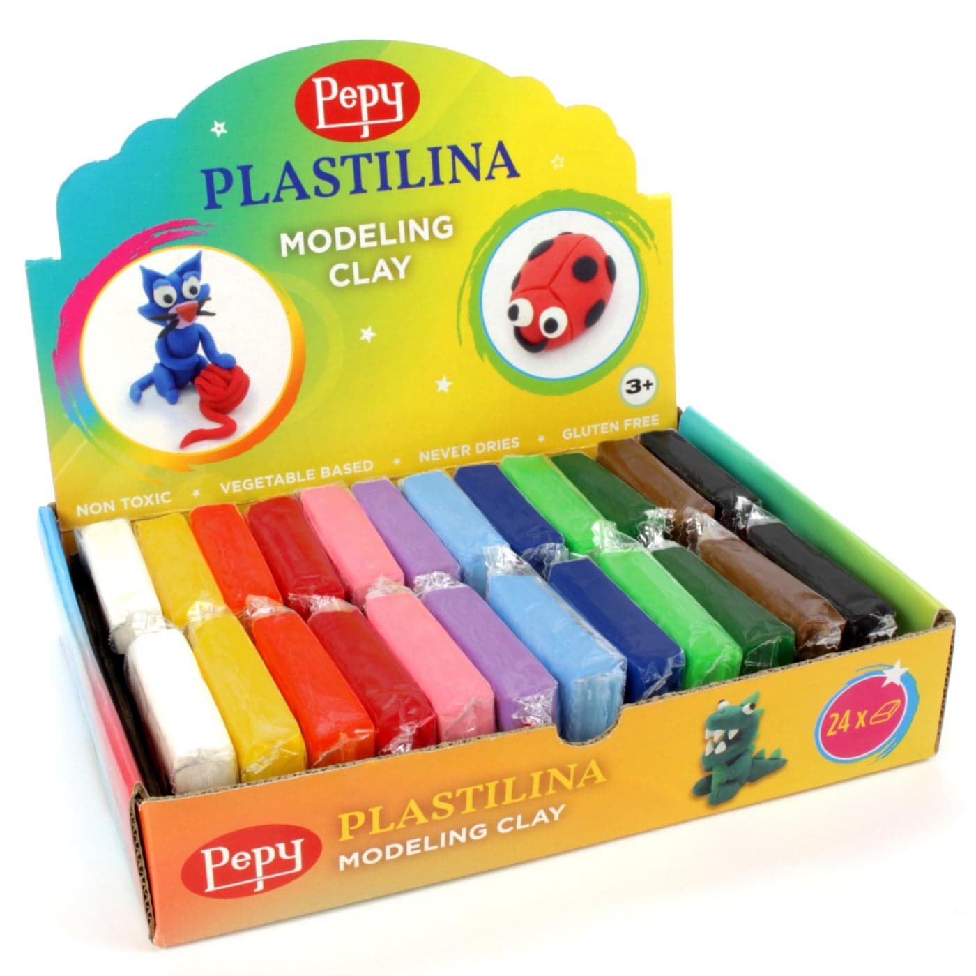 Pepy Plastilina Reusable and NonDrying Modeling Clay Gift Set Set of 24 Bars 14 Ounce Each 2 Each of 12 Colors Perfect for Arts and Crafts Projects Multicolor