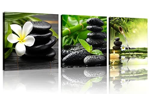 TutuBeer 3 Panel Zen Canvas Wall Art Still Life SPA Stone Green Bamboo White Frangipani Flower Pictures Prints on Canvas for Home Office Kitchen Wall Decor Stretched and Framed Each Panel 12x12inch