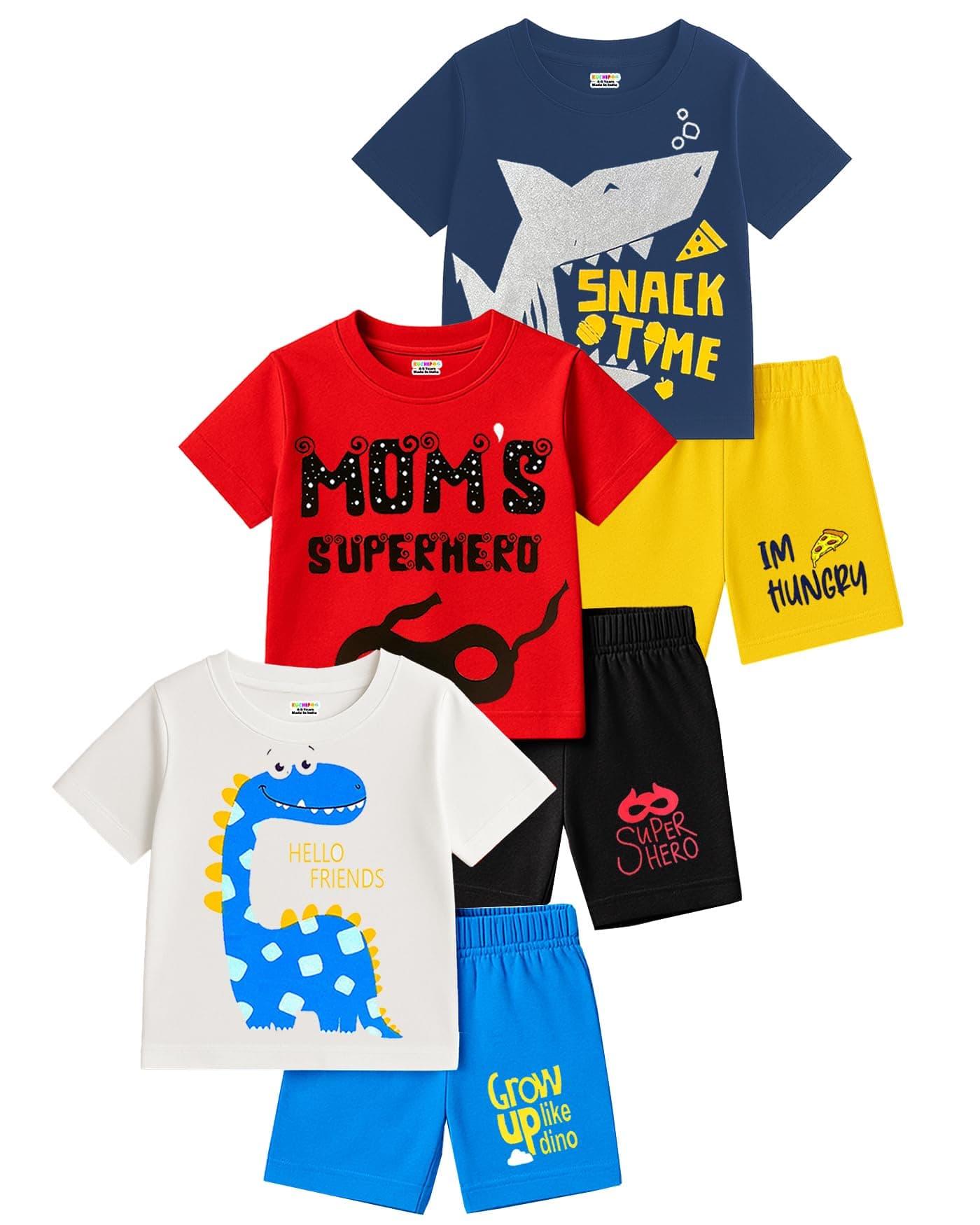 Kuchipoo Boys Regular Fit Cotton T-Shirts and Shorts Set (KUC-BSUT-124, 2-3 Years, Multi-Colored)