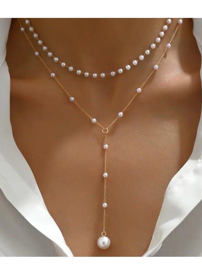 Elegant Vintage Style Double-Layer Pendant Necklace with Imitation Pearl Accents and Tassel Drop, Zinc Alloy Chain Necklace for Daily and Party Occasions - 1pc