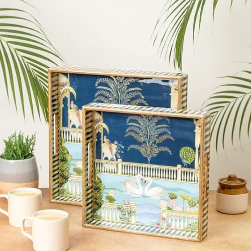 HomeShastra® Wooden Serving Tray with Gold Engraving | Set of 2 | Size : 12 x 12 inch & 10 x 10 inch | Enamel Coated Waterproof | Square Trays | Decorative Trays | (Swan Square Trays Set)