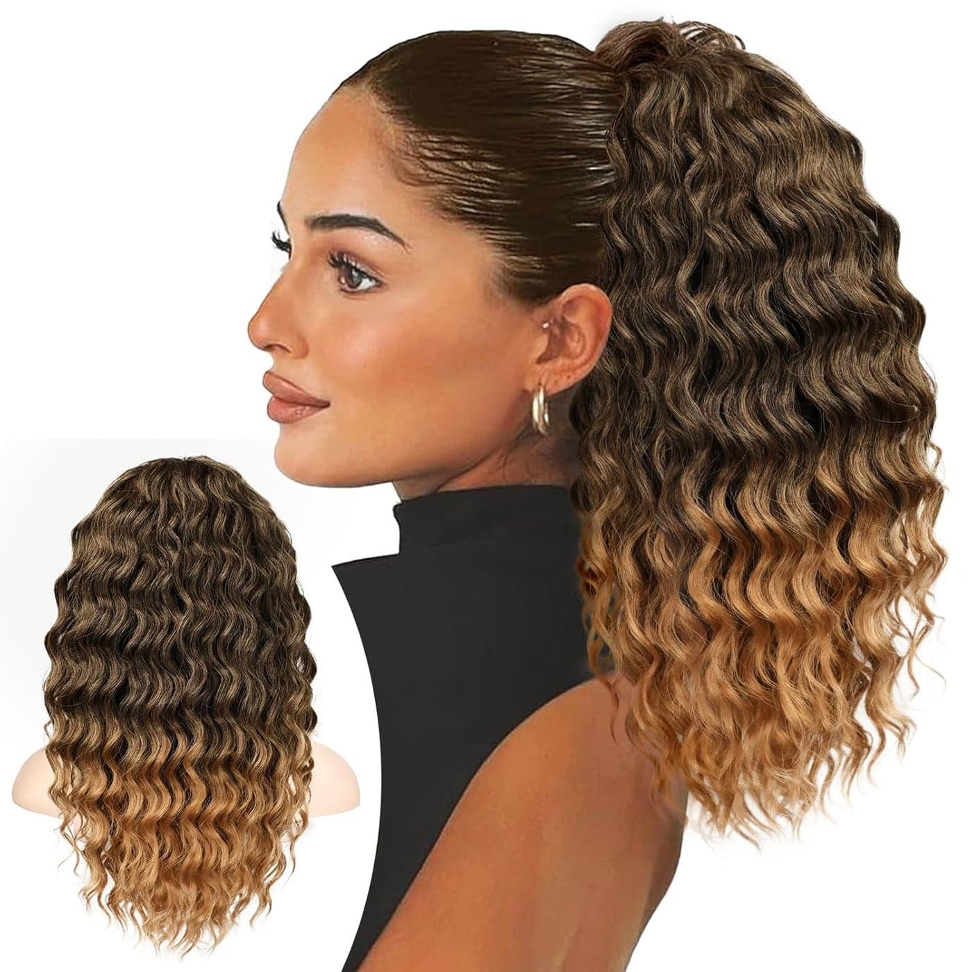 KooKaStyle Curly Ponytail Extension Fluffy Drawstring Ponytail Hair Extensions for Women Long Kinky Curly Wavy Pony Tail Extension Synthetic Hairpiece for Daily Use18Inch Ombre Black To Blonde