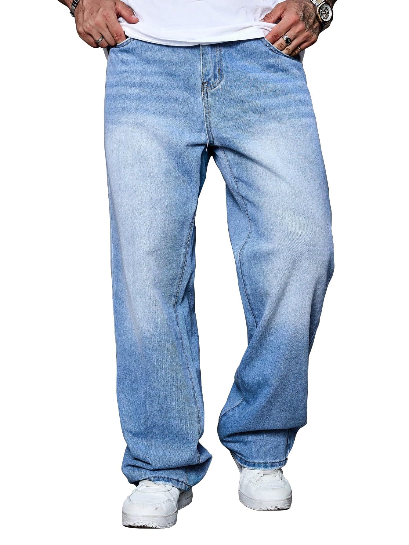 AVANOVA Men's Light Blue Baggy Fit Jeans– Solid Washed Denim Straight Wide-Leg | Streetwear Casual Dailywear Pants for Men | Trendy Loose-Fit Mid-Waist Denim Trousers (Jeans 247 Light Blue-32)
