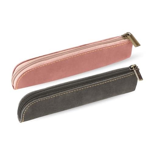 Leather Pencil Case 2 Pcs Slim Design Small Pen Pouch Portable Cosmetic Bag for Purse with Zipper Flat Soft Simple Makeup Bag Lipstick Case for Women Office Travel Outdoor Grey Pink