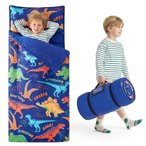 JOIEDOMI Toddler Sleeping Bag for Kids 55x30 Nap Mat with Removable Pillow and Minky Blanket for Toddler Ages 37 Roll Up Kids Sleeping Bag for Boys Girls Kindergarten Daycare Colorful Dinosaur