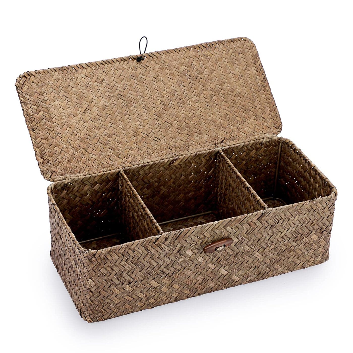 Hipiwe Storage Basket with Lid 3 Compartment Toilet Tank Toilet Paper Basket Holder Handwoven Wicker Basket Home Organizer Bin for Shelves Bathroom Closets Kitchen Coffee