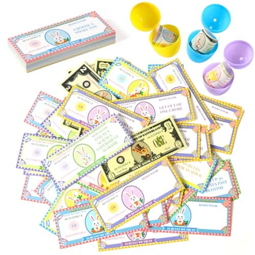 JULEASEL 100 Pcs Easter Egg FillersBunny Money Coupons Paper Easter Egg Tokens Basket Stuffers 60 Redeemable Coupons30 Blank DIY Coupons10 Bunny Dollars for Easter Activities