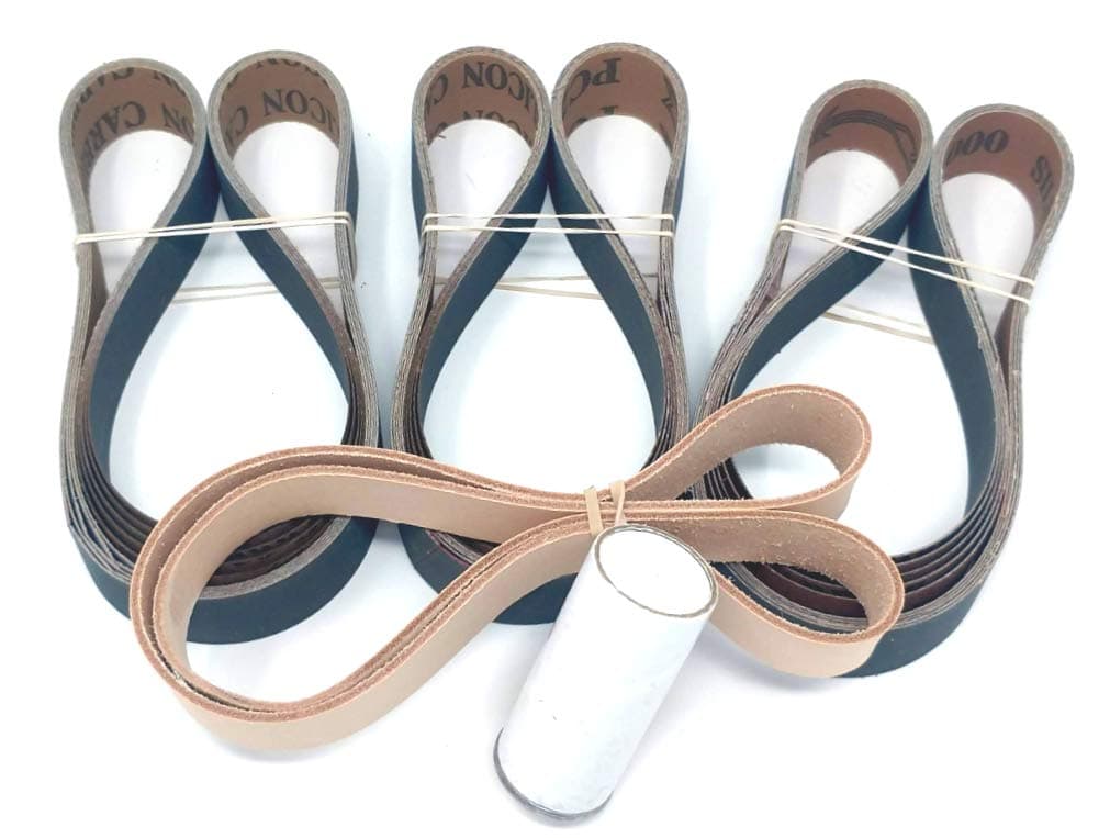 1X30 Knife Sharpening Belt Kit with Super Strop Leather Honing Belt & 15 Pack of Premium Quality Silicon Carbide Sharpening Sanding Belts 600, 800, 1000 Grit.