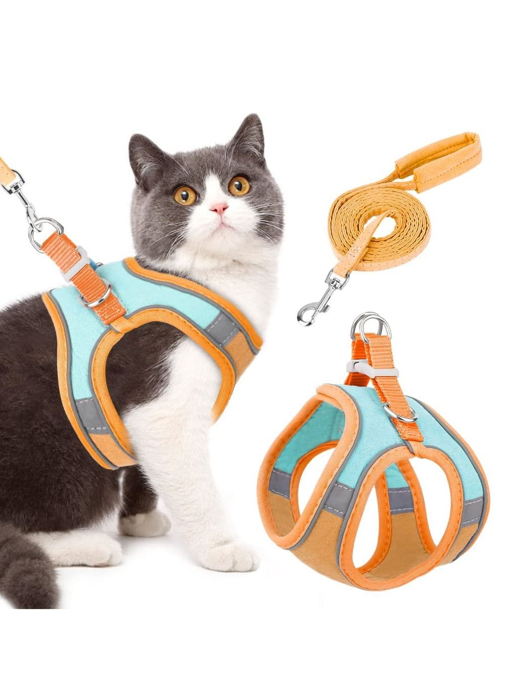 Escape Proof Cat Harness and Lead Set for Walking Adjustable Soft Sturdy Faux Suede Kitten Vest Harness and leash with Reflective Strip for Medium and Small Cats