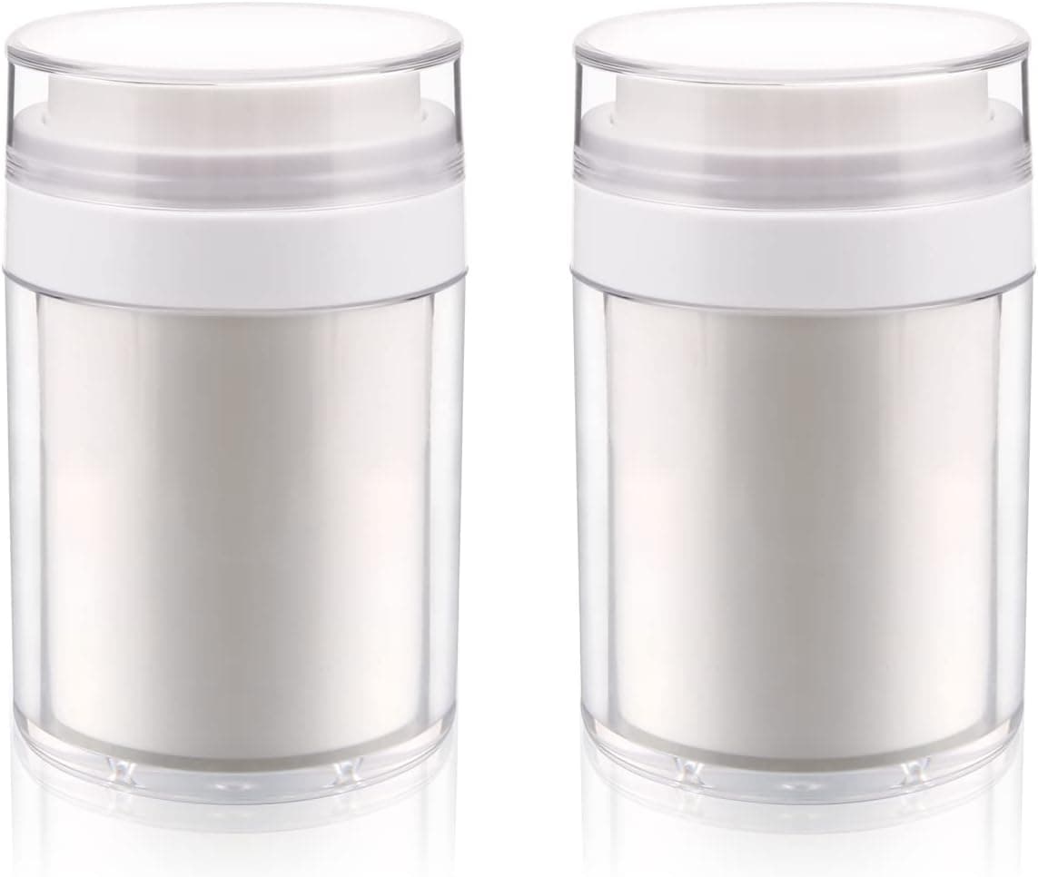 2 Pack 3.34 oz Airless Pump Jar,Empty Acrylic Vacuum Jar with Press Pump,Portable Travel Face Cream Lotion Container Pot for Makeup,Essence,Moisturizer,Eye Cream,Gel-Big,White