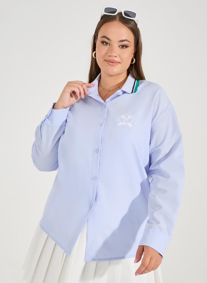 Styli Plus Size Oversized Button Down Shirt with Logo Detail