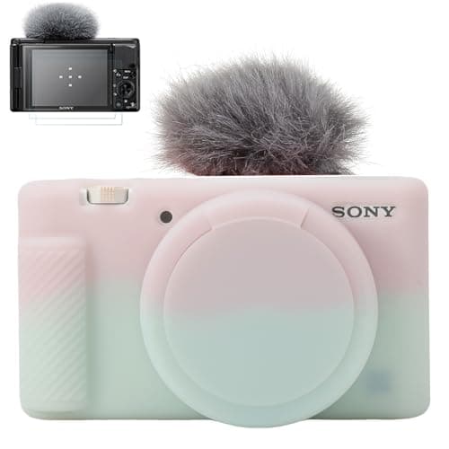 Pocoukate Camera Case for Sony ZV-1, ZV1 Camera Case Digital Camera Anti-Scratch Slim Fit Soft DSLR Camera Sleeve with Tempered Glass Protective Screen Protector for Sony ZV-1 - Green & Jelly Pink