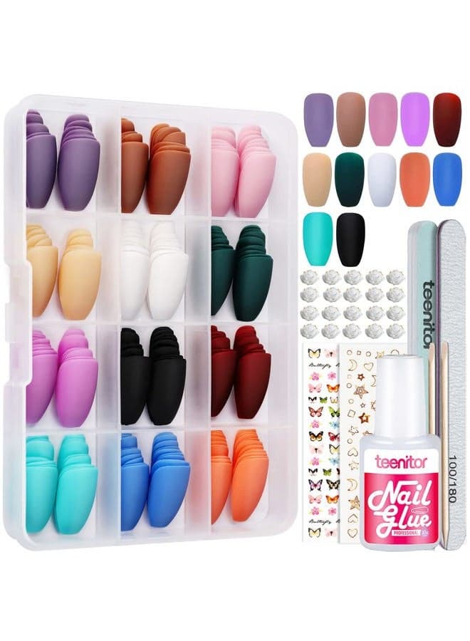 Matte Press On Nails Coffin, 288pcs Press On Nails Medium Length Coffin Glue On Nails Set, 12 Color Press On Coffin Nails, Short Coffin Press On Nails With Nail Glue