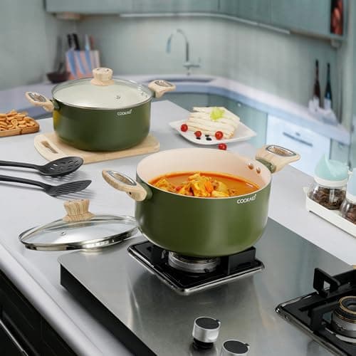 COOKAID Casserole Set of 2 | Casserole Set with Glass Lid | 6Pcs Cookware Set | 3.9 & 4.8 Ltr with 2Pc Nylon Tools | ISI Certified | Casserole For Cooking | Ceramic Non Stick Cooking Pot - Olive Green