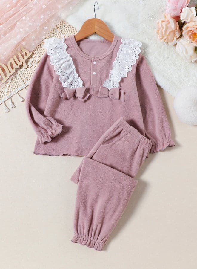 Bow Detail Lace Trim Top with Long Pyjama Set