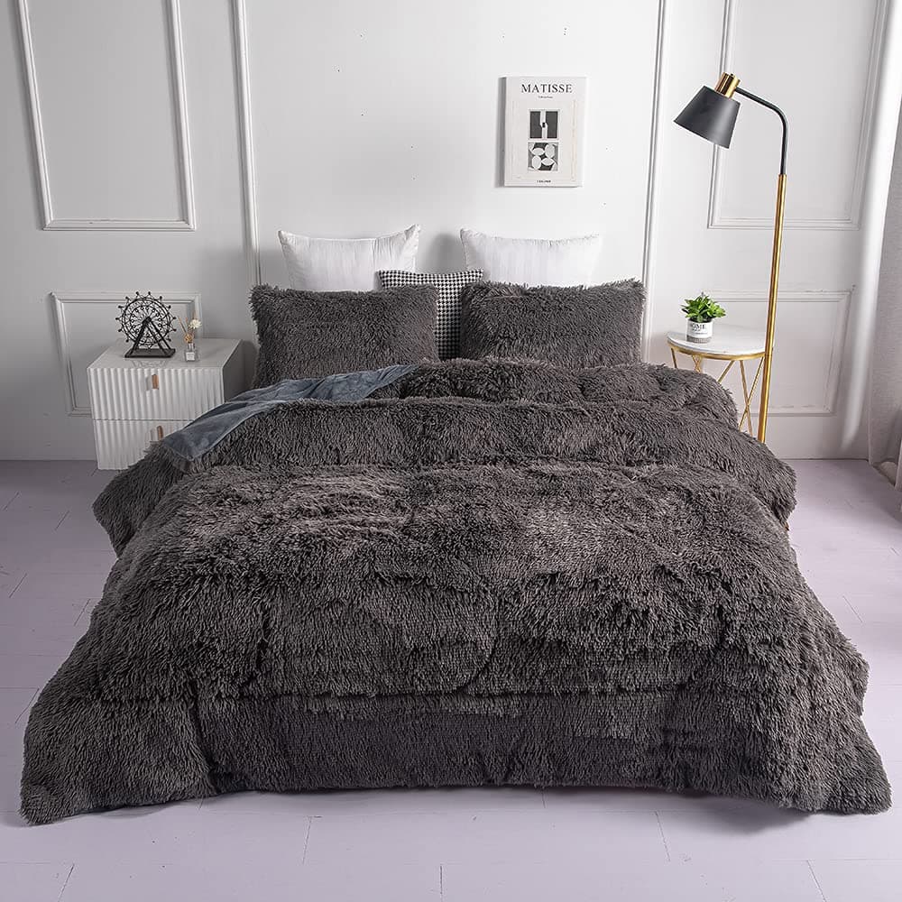 chovy Faux Fur Plush Gray Comforter Sets TwinFull Size Ultra Soft Shaggy Flannel Velvet Fluffy Fuzzy 3PC Bedding Set Comforter x 1 Pillowcases x 2