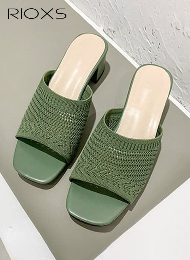 Women's Knit Heeled Sandals, 5cm Chunky Low Block Heels Pumps, Fashion Square Open Toe Sandals, Classic Slip On Pumps Shoes for Women, Versatile Ladies Casual Slides Sandal, Low Heel Mules Dress Slides Shoes, Women's Comfort Shoes for Party/ Work/ Date/ Wedding, Green Sandals Fashion Woman Footwear