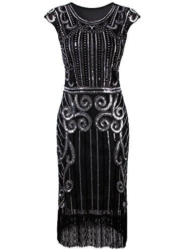 Vijiv 1920s Vintage Inspired Sequin Embellished Fringe Long Gatsby Flapper Dress,Black,XX-Large