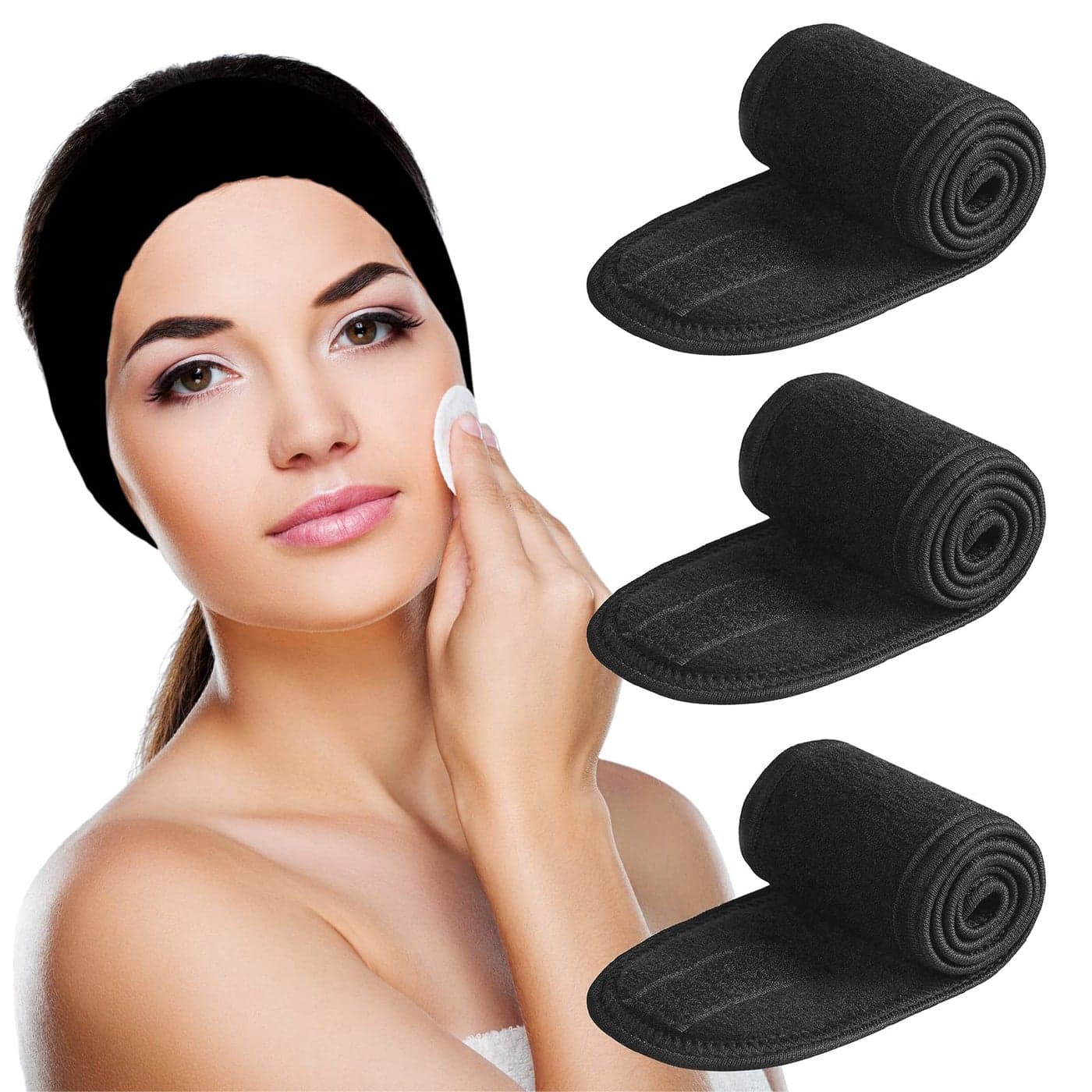 Denfany Spa Headband Deluxe Face Wash Headband Comfortable Adjustable and MachineWashable Ideal for Showering Makeup and Exercise Black 3 Pack