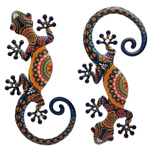 LIFFY Metal Lizard Gecko Wall Art 2 Pack 15 Inch Metal Wall Decor Lizard Outdoor Hanging Glass Sculpture Decoration for Yard Garden Art Patio Fence Home Unique Gift Ideas