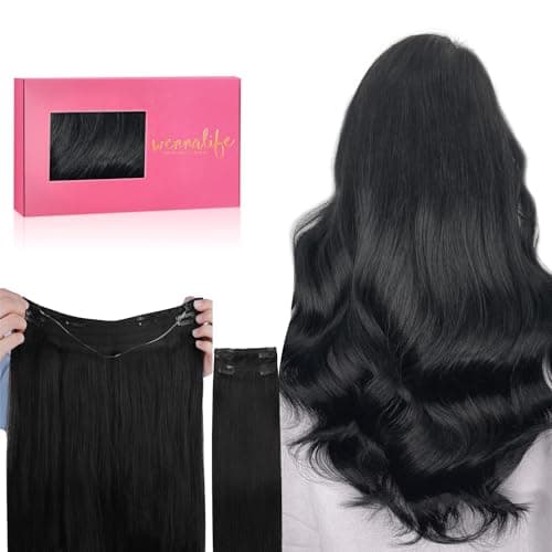 WENNALIFE Wire Hair Extensions Real Human Hair 16 inch 125g Jet Black Remy Hair Invisible Transparent Wire Fish Line Straight Reusable Natural Looking Easy to Apply Reusable for Volume and Length