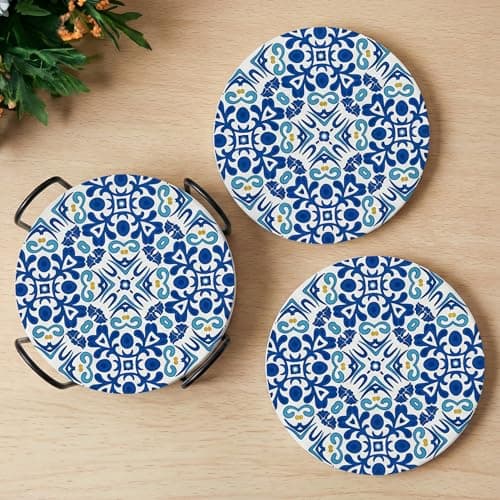 Decor & More - Ceramic Coasters with Matt Finish On Top & Cork Base | Coasters for Cups Set of 6 | Marble Style Ceramic Coaster for Tea, Coffee Table & Dining Table with Metal Holder