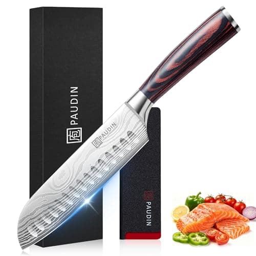 PAUDIN 7" Santoku Japanese Chef Knife – Forged High Carbon German Stainless Steel (58±2 HRC) – Ultra Sharp Razor Edge & Long-Lasting – Ergonomic Pakkawood Handle – Gift for Home Cook & Pro Chef