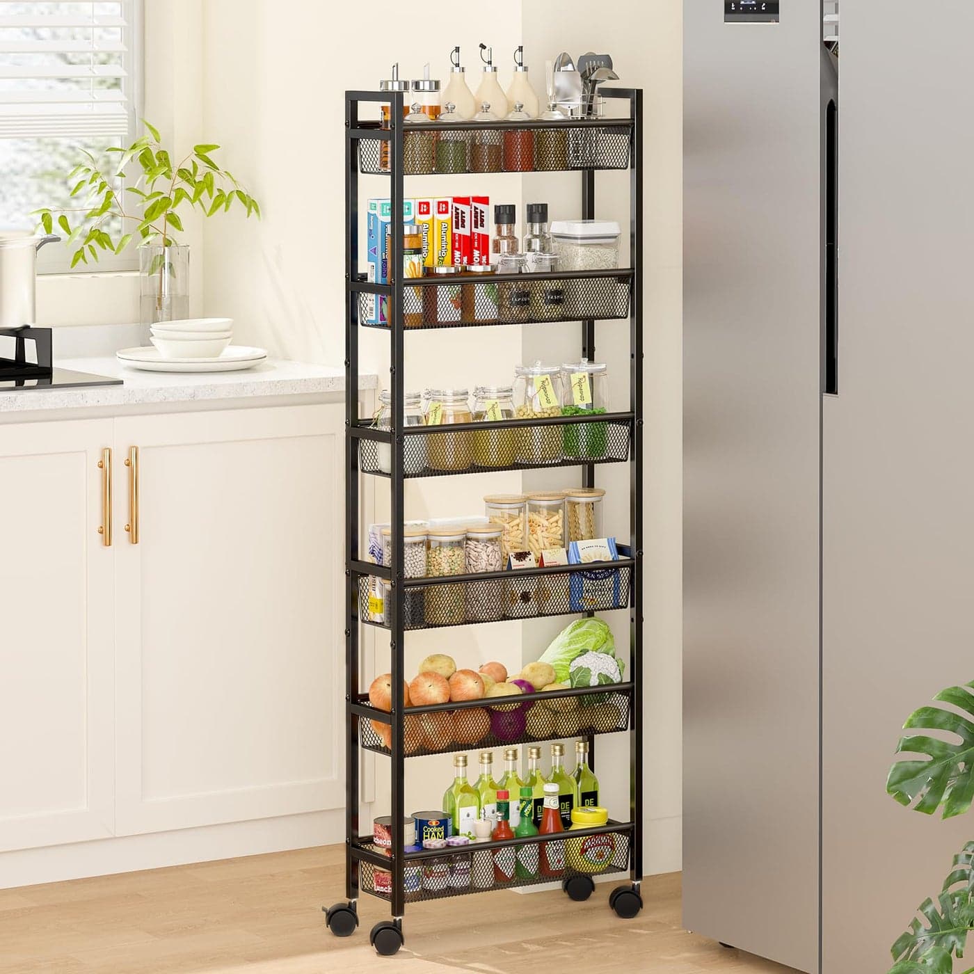 ThreeHio 6 Tier Slim Storage Cart Narrow Cart with Wheels Metal Mobile Shelving Unit Organizer for Kitchen Bathroom Laundry Room Living Room Narrow Spaces Black 6inW