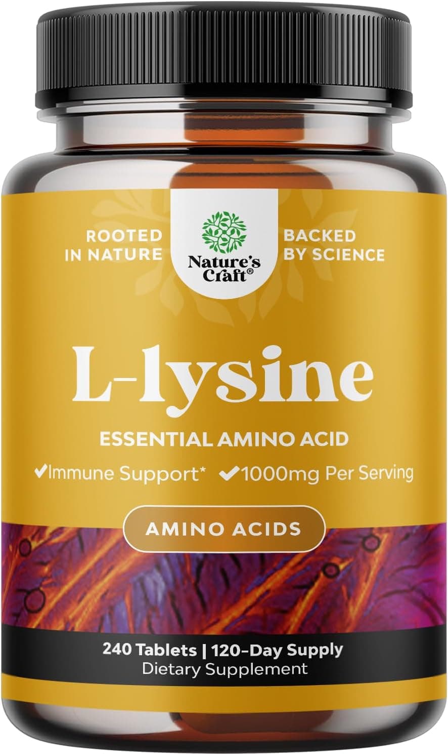 Natures Craft L Lysine 1000mg per Serving Nutritional Supplements Llysine Essential Amino Acids for Eye Health Lip Care Bone Support Immune System Muscle Growth and Vegetarian Collagen 240 Tablets