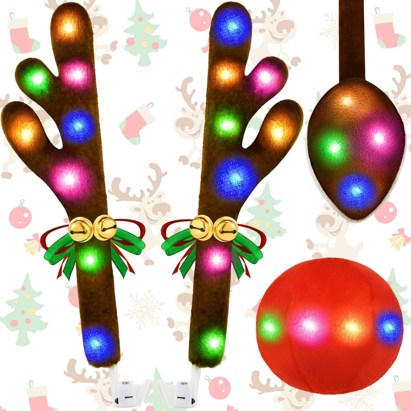 MIQIA Christmas Car Decorations with Multicolor Lights Upgrade Reindeer Antlers Kit with Jingle Bells Rudolph Reindeer and Nose Tail for The Trunk for All VehiclesCarSUV MPV Truck